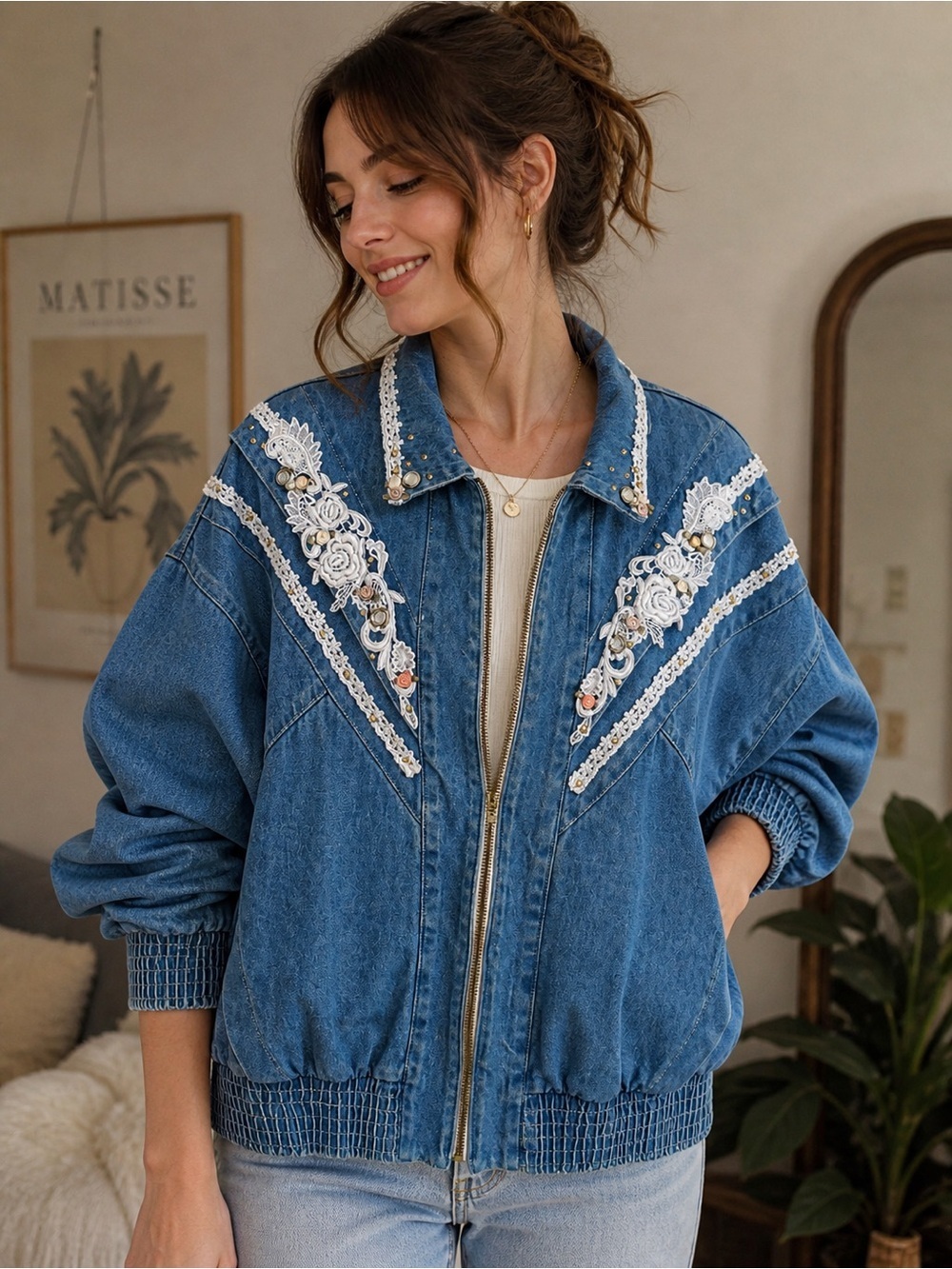 Vintage PADO Embellished Denim Jacket USA Made Large Boho Western Lace Studded